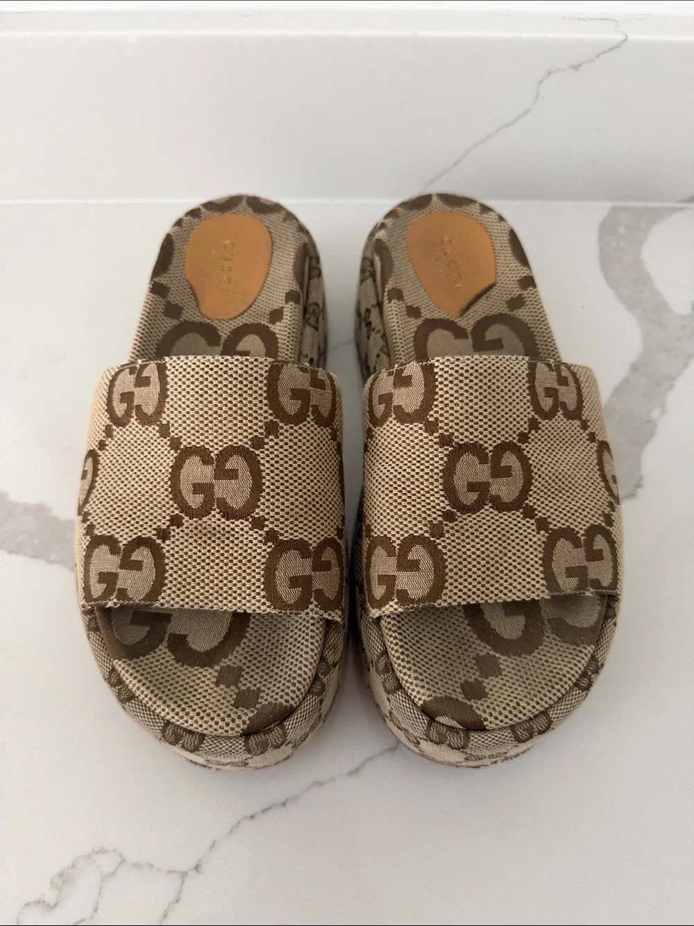 Gucci Brown Beige GG Canvas Slide Sandals